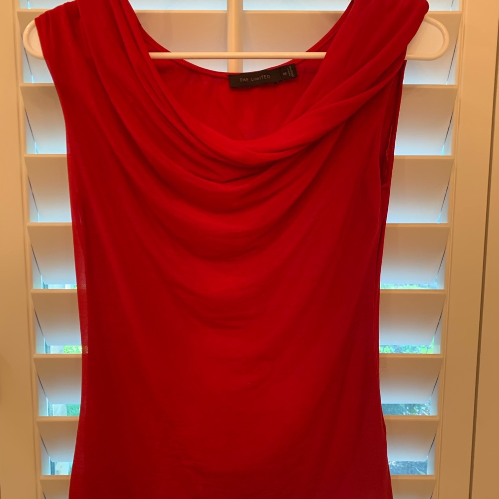 Red sleeveless top with ruched neck detail